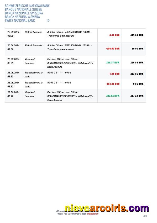Switzerland Swiss National Bank SNB account statement, 3 pages 2